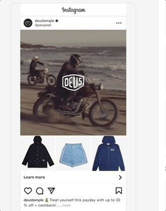 Deus Ex Machina Instagram ad: motorcycle rider on the beach, payday promotion up to 30% off plus cashback